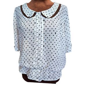 White sheer chiffon polka dot bunny print blouse Peter Pan collar size S